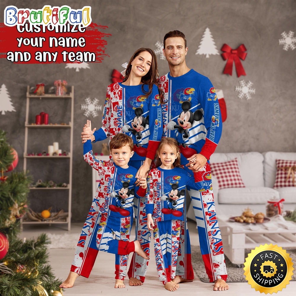 Sportswearmerch Kansas Jayhawks NCAA Mickey Mouse Personalized Pajamas Family For Fan