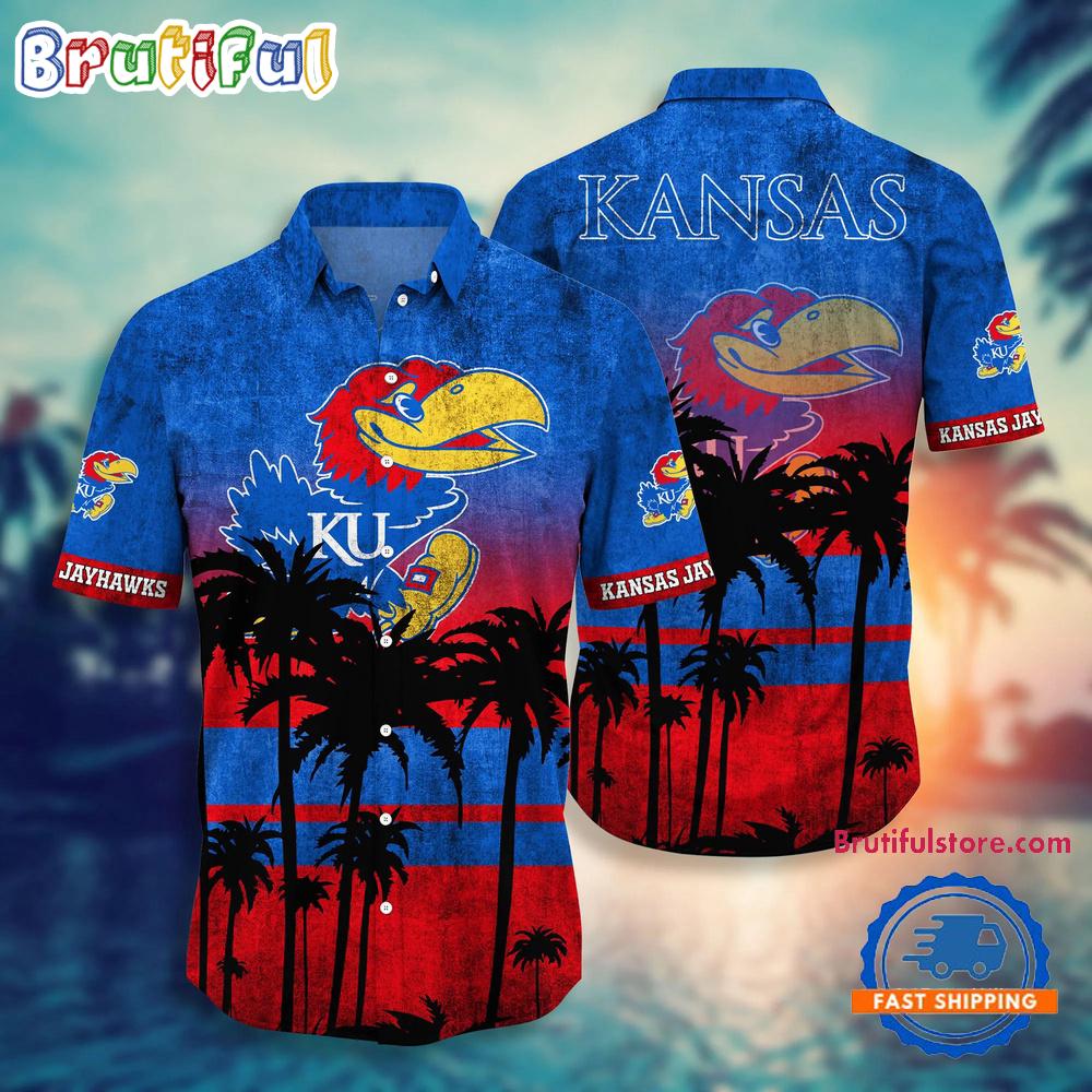 Sportswearmerch Kansas Jayhawks NCAA Palm Tree Summer Beach Personalized Hawaiian Shirt For Fan