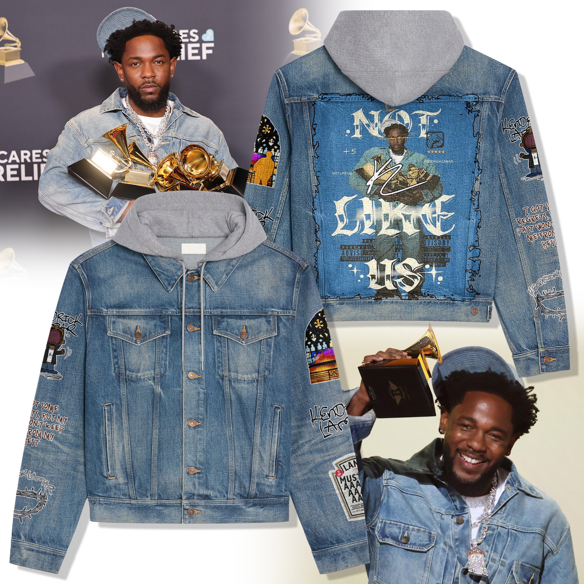 Sportswearmerch Kendrick Lamar Style Hooded Denim Jacket Gift For Fans