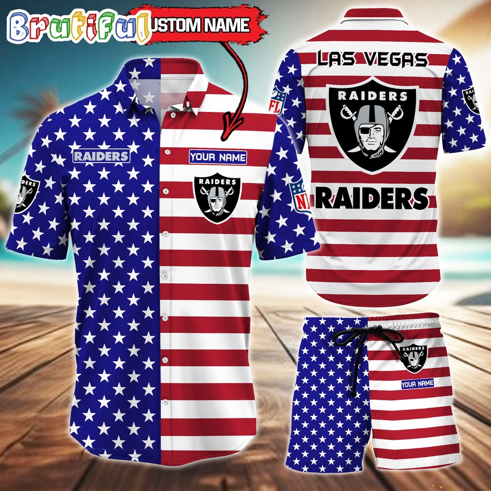 Sportswearmerch Las Vegas Raiders NFL American Flag Personalized Set Short Set For Fan