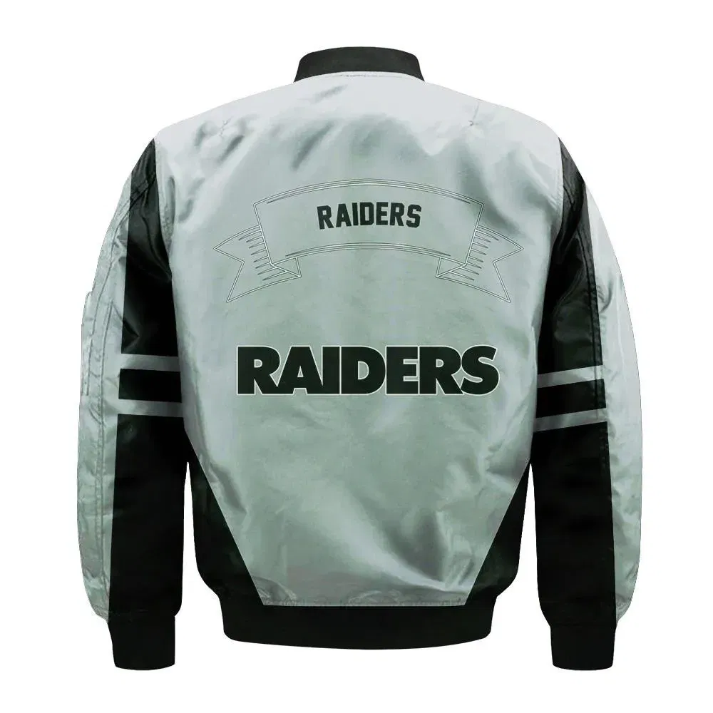 Sportswearmerch Las Vegas Raiders NFL Bomber Jacket Flame Ball Pattern For Fan