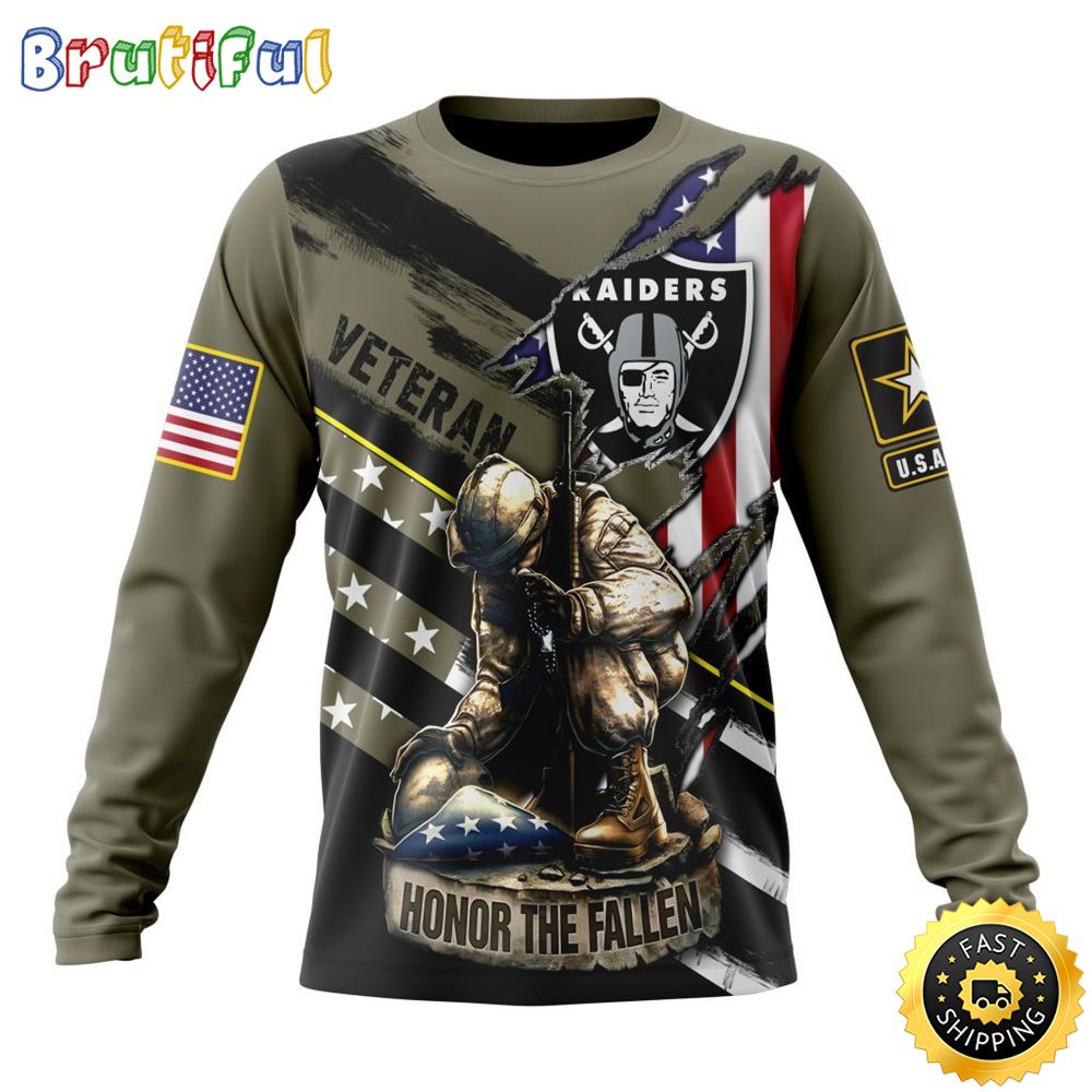 Sportswearmerch Las Vegas Raiders NFL Crewneck Honor Veterans Kneeling Soldier Personalized Sweater For Fan