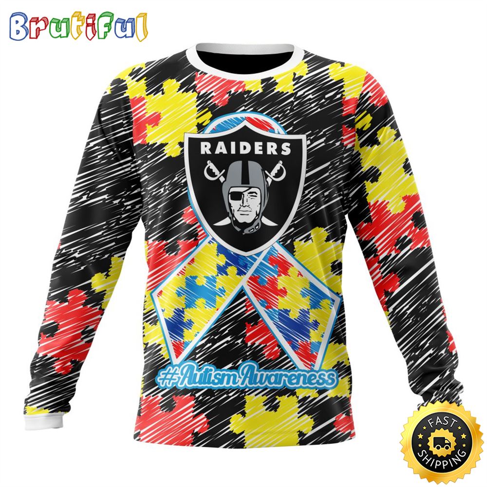 Sportswearmerch Las Vegas Raiders NFL Crewneck Puzzle Autism Awareness Personalized Sweater For Fan
