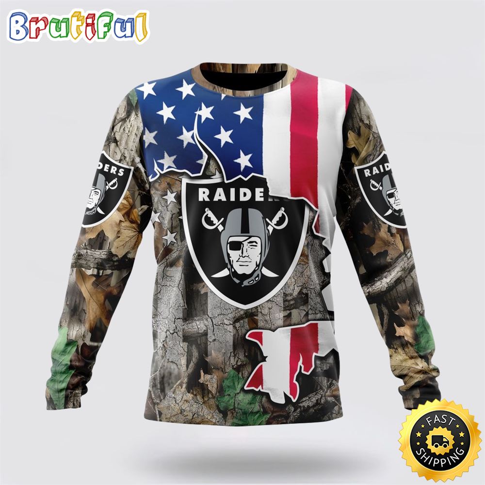Sportswearmerch Las Vegas Raiders NFL Crewneck USA Flag Camo Realtree Hunting Personalized Sweater For Fan