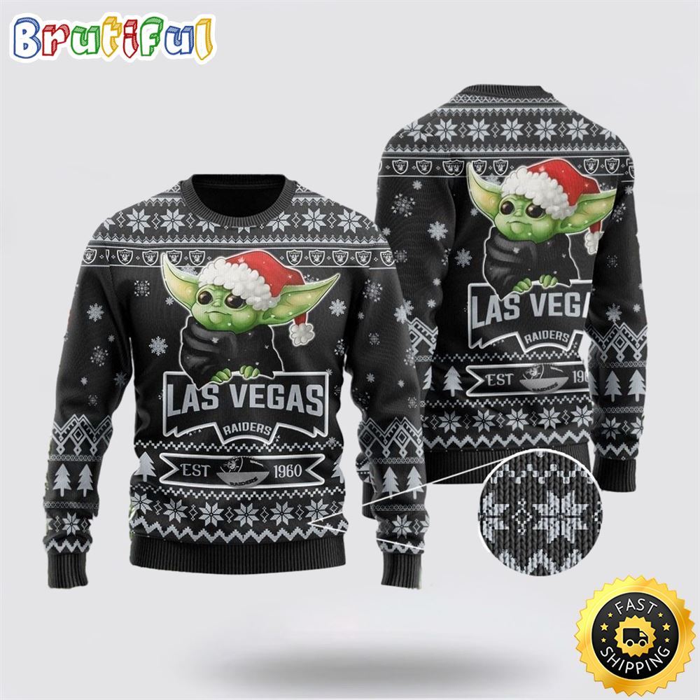 Sportswearmerch Las Vegas Raiders NFL Cute Baby Yoda Personalized Christmas Sweater For Fan