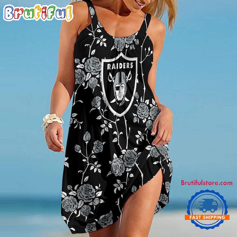 Sportswearmerch Las Vegas Raiders NFL Flower Women’s Summer Beach Dress For Fan