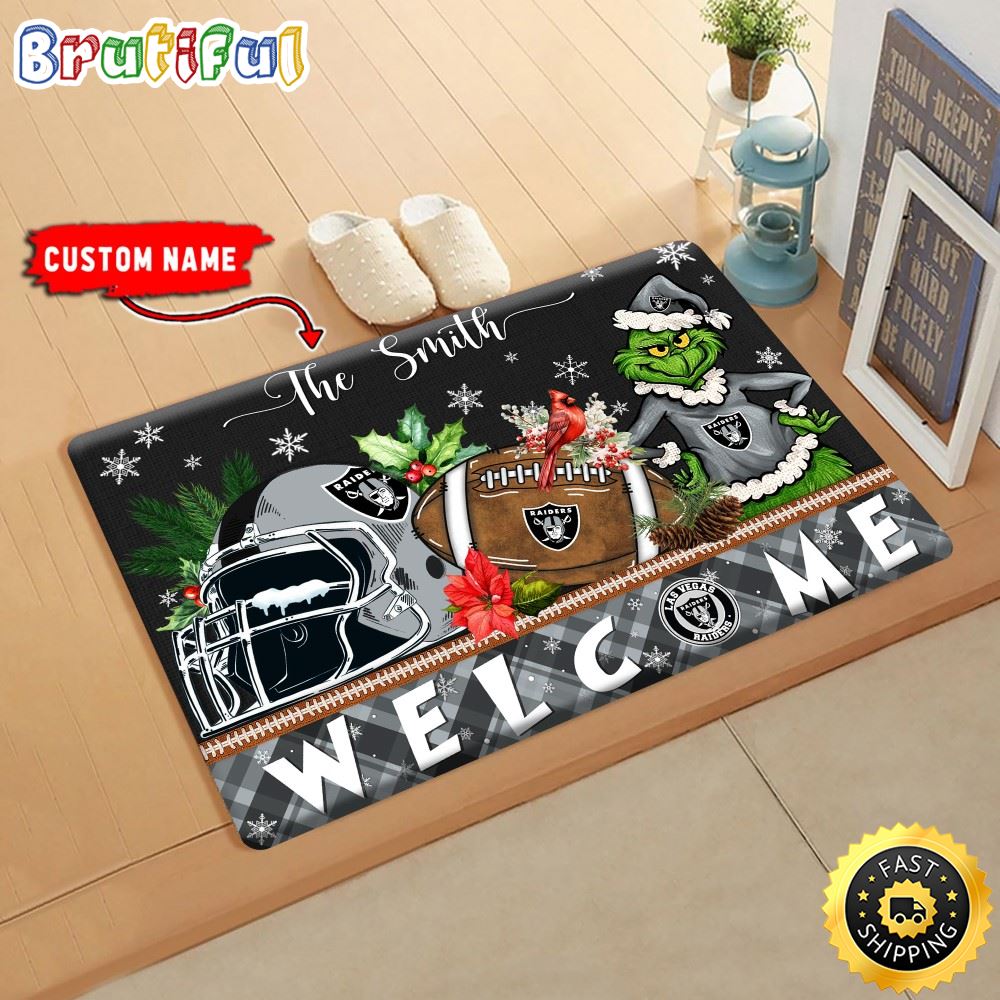 Sportswearmerch Las Vegas Raiders NFL Grinch Christmas Doormat For Fan