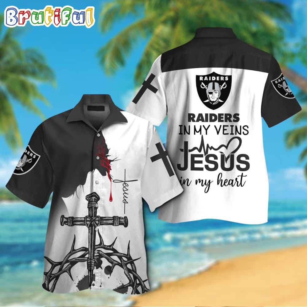 Sportswearmerch Las Vegas Raiders NFL In My Veins Jesus Personalized Hawaiian Shirt For Fan