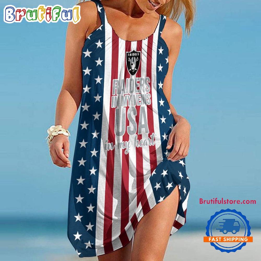 Sportswearmerch Las Vegas Raiders NFL Independence Day Women's Summer Beach Dress For Fan