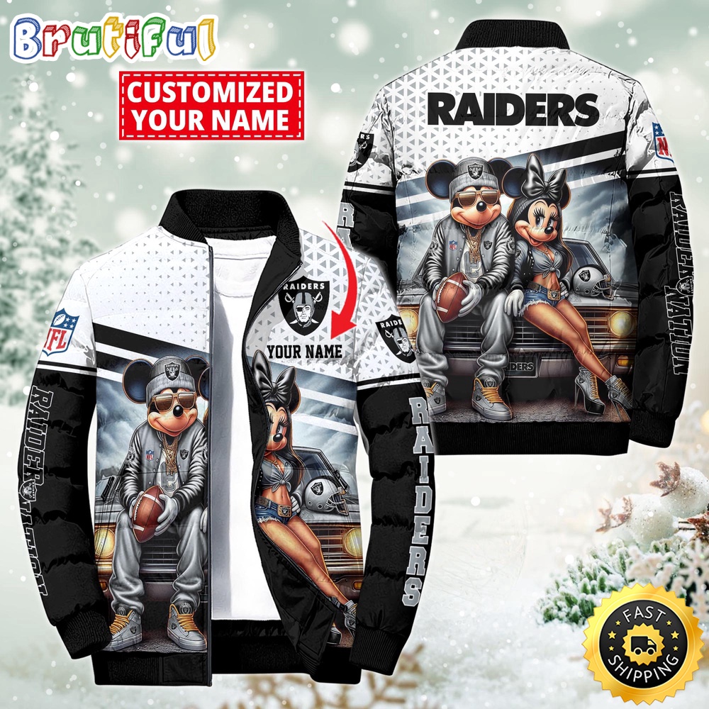 Sportswearmerch Las Vegas Raiders NFL Mickey Minnie Puffer Jacket For Fan
