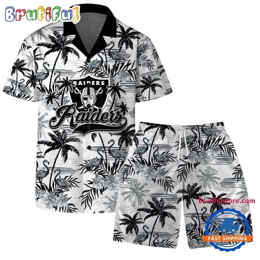 Sportswearmerch Las Vegas Raiders NFL Pattern Flamingo Hibiscus Summer Personalized Set Short Set For Fan