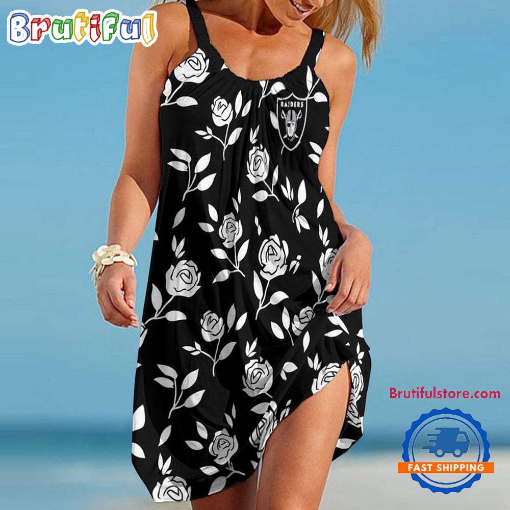 Sportswearmerch Las Vegas Raiders NFL Rose Pattern Women’s Summer Beach Dress For Fan