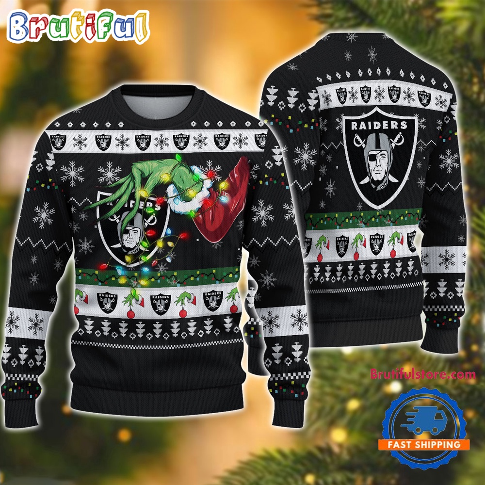 Sportswearmerch Las Vegas Raiders NFL Special Grinch's Hand Football Christmas Sweater For Fan
