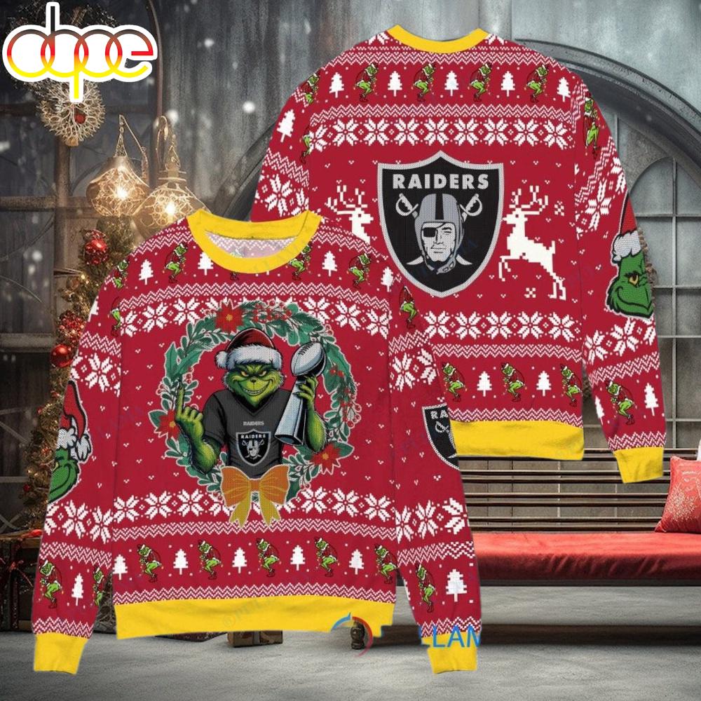 Sportswearmerch Las Vegas Raiders NFL x Grinch Super Bowl Trophy Ugly Christmas Sweater For Fan
