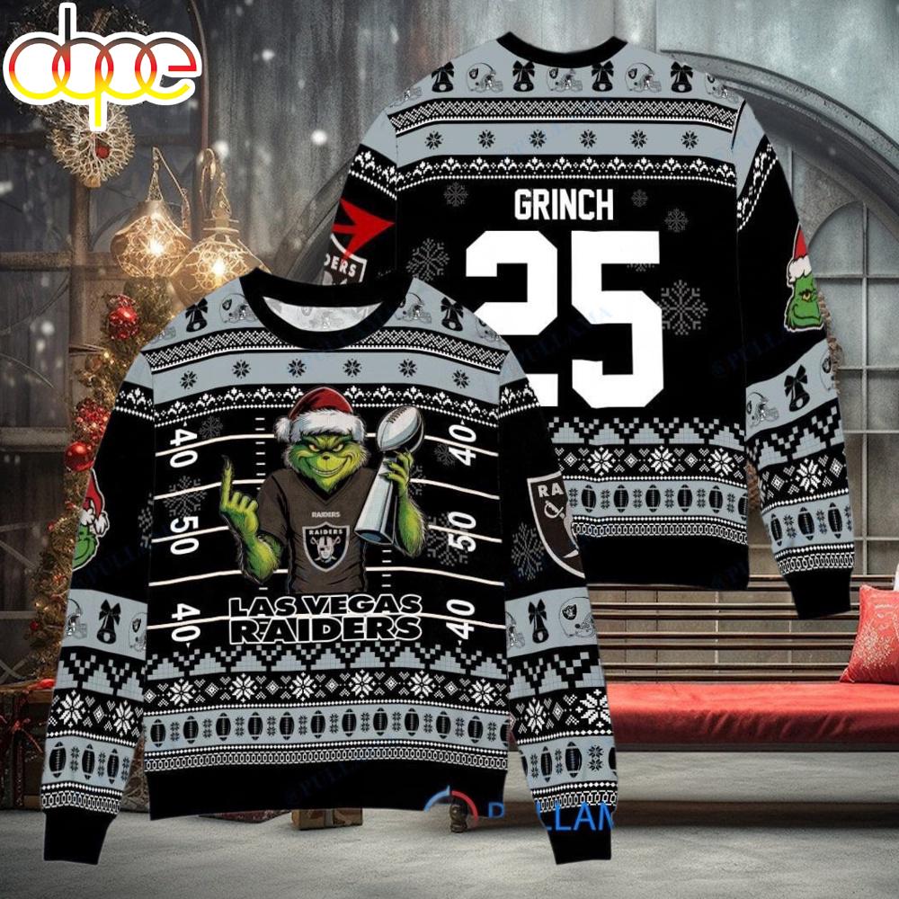 Sportswearmerch Las Vegas Raiders NFL x Grinch Super Bowl Trophy Ugly Christmas Sweater For Fan