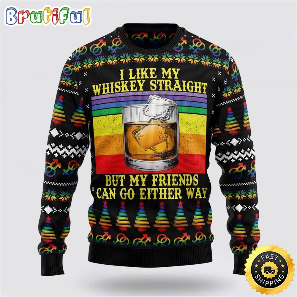 Sportswearmerch LGBT Whiskey Straight Personalized Christmas Sweater For Fan