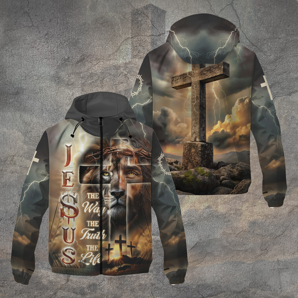 Sportswearmerch Lion Cross Resurrection Christian Windbreaker Jacket For Fan