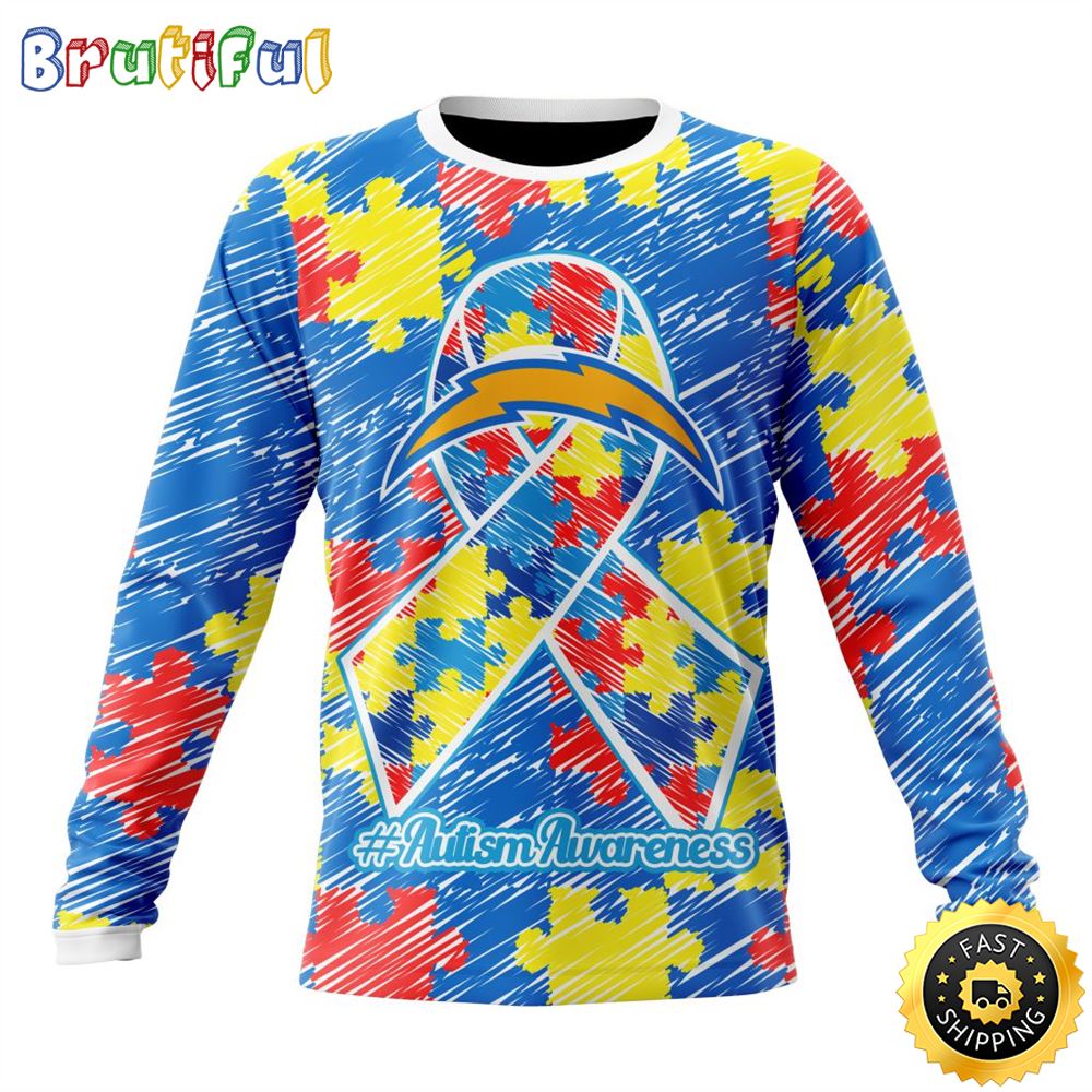 Sportswearmerch Los Angeles Chargers NFL Crewneck Puzzle Autism Awareness Personalized Sweater For Fan