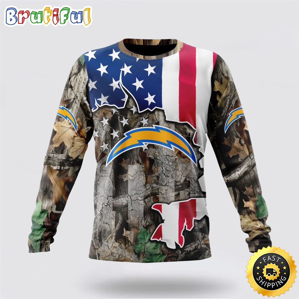 Sportswearmerch Los Angeles Chargers NFL Crewneck USA Flag Camo Realtree Hunting Personalized Sweater For Fan