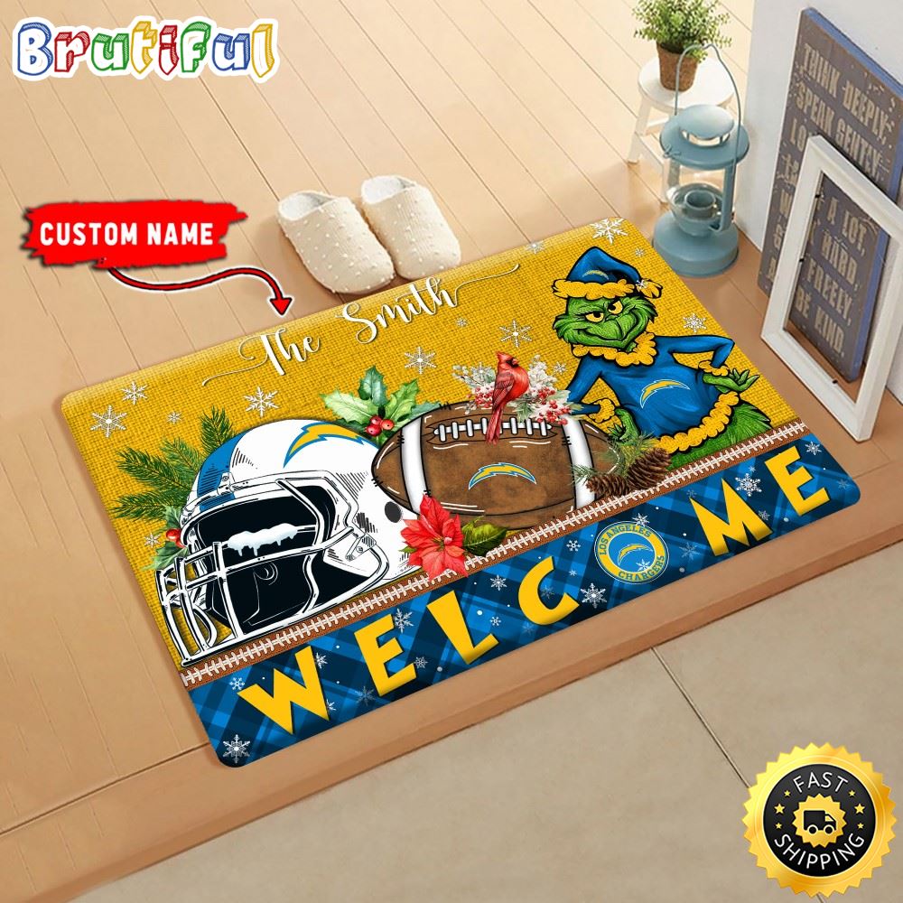 Sportswearmerch Los Angeles Chargers NFL Grinch Christmas Doormat For Fan