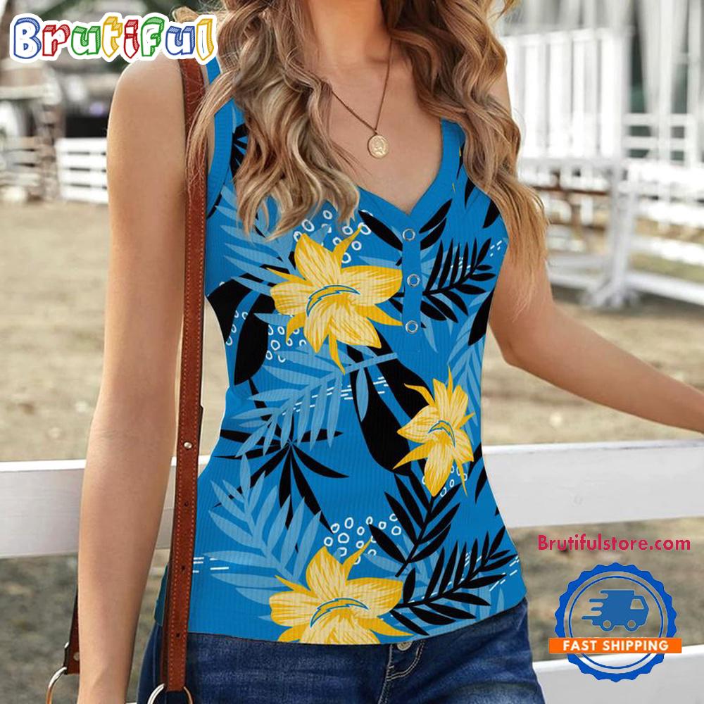 Sportswearmerch Los Angeles Chargers NFL Hibiscus Pattern Women's V-Neck Ribbed Tank Top For Fan
