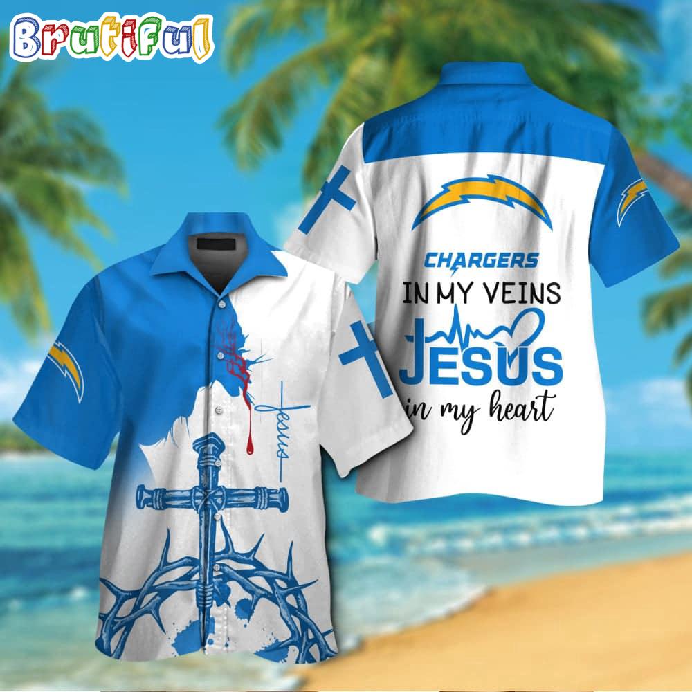 Sportswearmerch Los Angeles Chargers NFL In My Veins Jesus Personalized Hawaiian Shirt For Fan