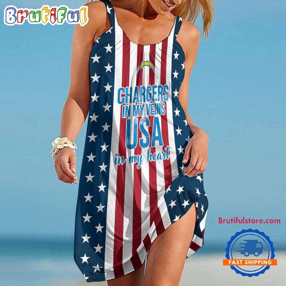 Sportswearmerch Los Angeles Chargers NFL Independence Day Women's Summer Beach Dress For Fan