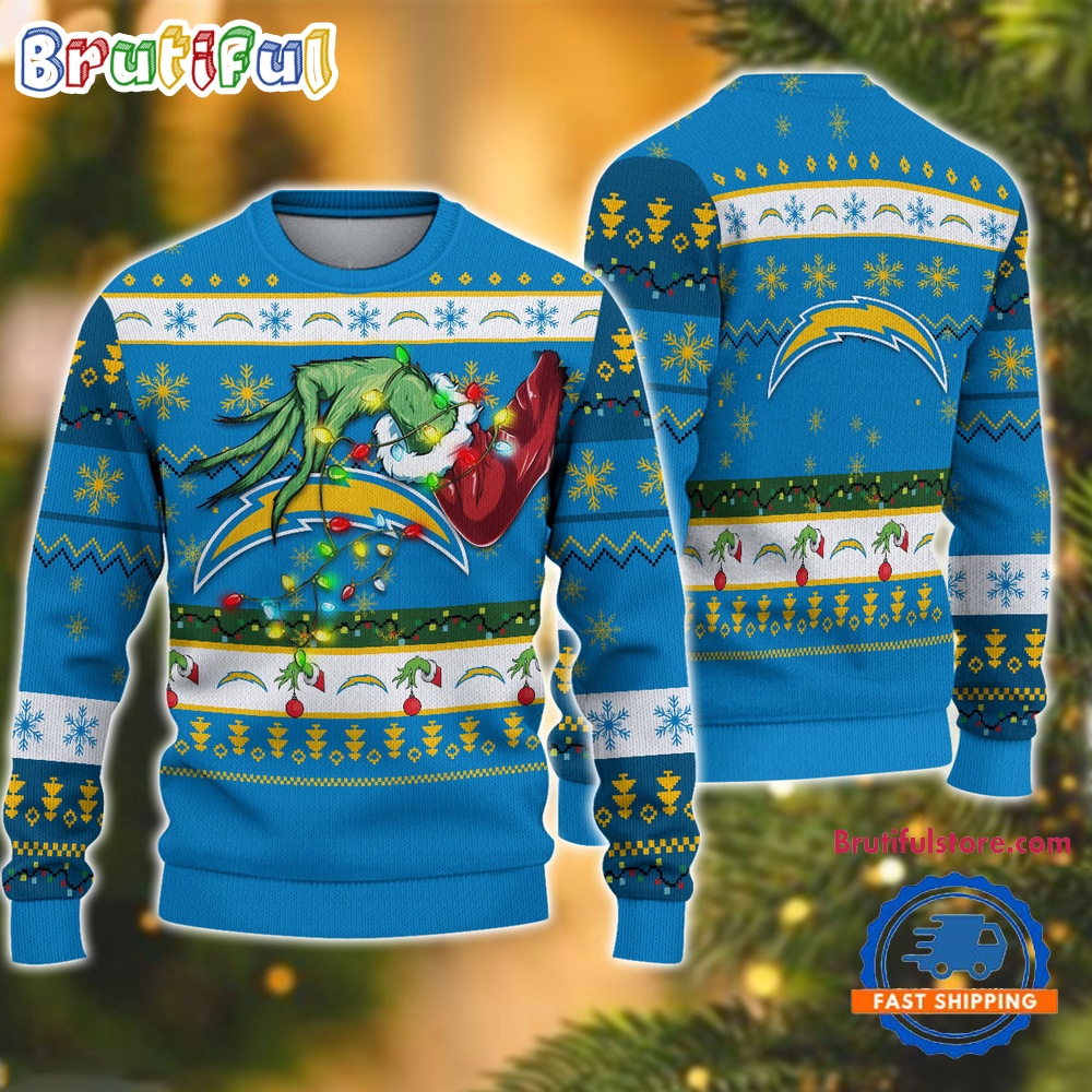 Sportswearmerch Los Angeles Chargers NFL Special Grinch's Hand Football Christmas Sweater For Fan