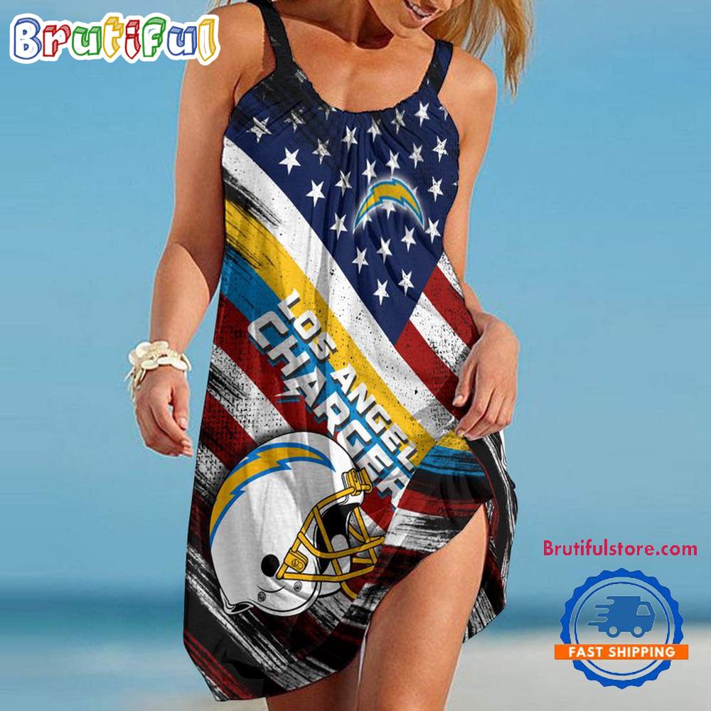 Sportswearmerch Los Angeles Chargers NFL USA Independence Day Women's Summer Beach Dress For Fan