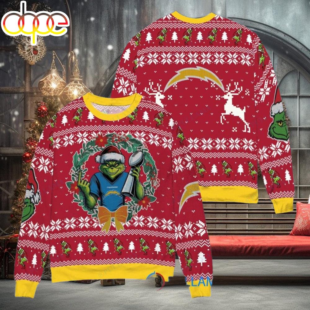Sportswearmerch Los Angeles Chargers NFL x Grinch Super Bowl Trophy Ugly Christmas Sweater For Fan