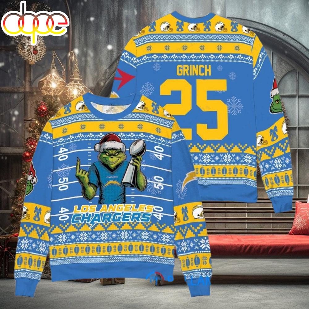 Sportswearmerch Los Angeles Chargers NFL x Grinch Super Bowl Trophy Ugly Christmas Sweater For Fan