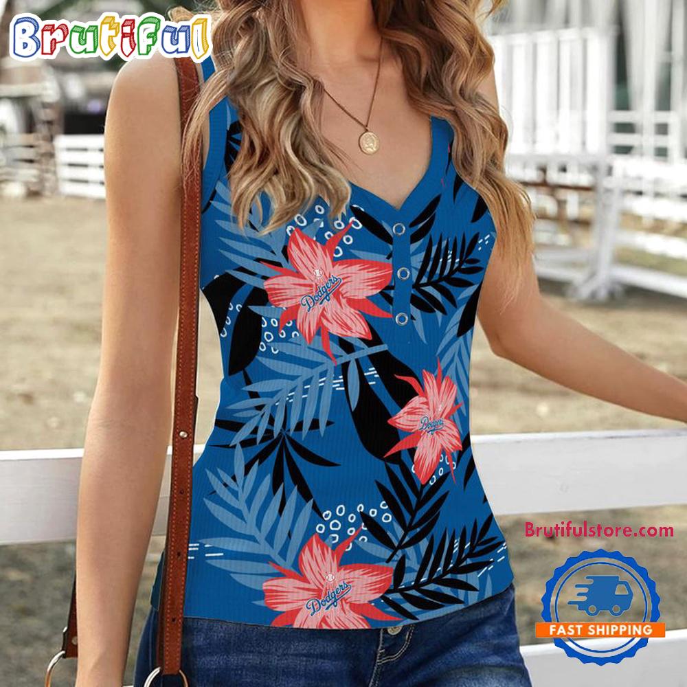 Sportswearmerch Los Angeles Dodgers MLB Hibiscus Pattern Women's V-Neck Ribbed Tank Top For Fan