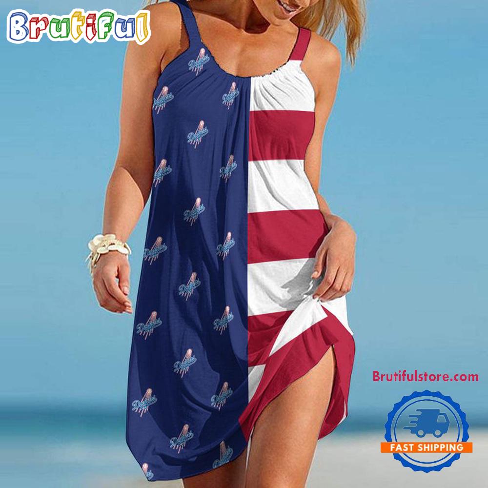 Sportswearmerch Los Angeles Dodgers MLB USA Flag Design Women's Summer Beach Dress For Fan