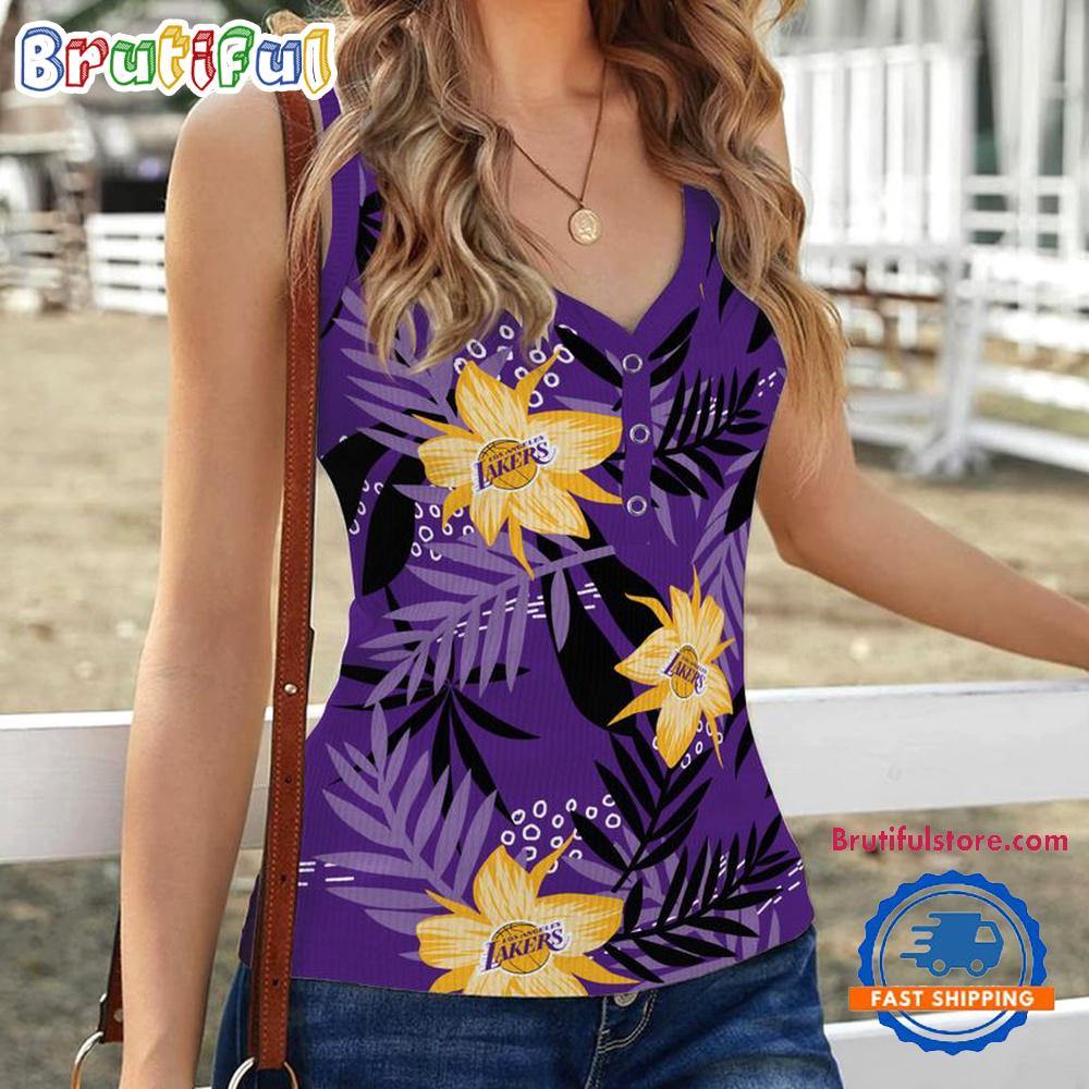 Sportswearmerch Los Angeles Lakers NBA Hibiscus Pattern Women's V-Neck Ribbed Tank Top For Fan