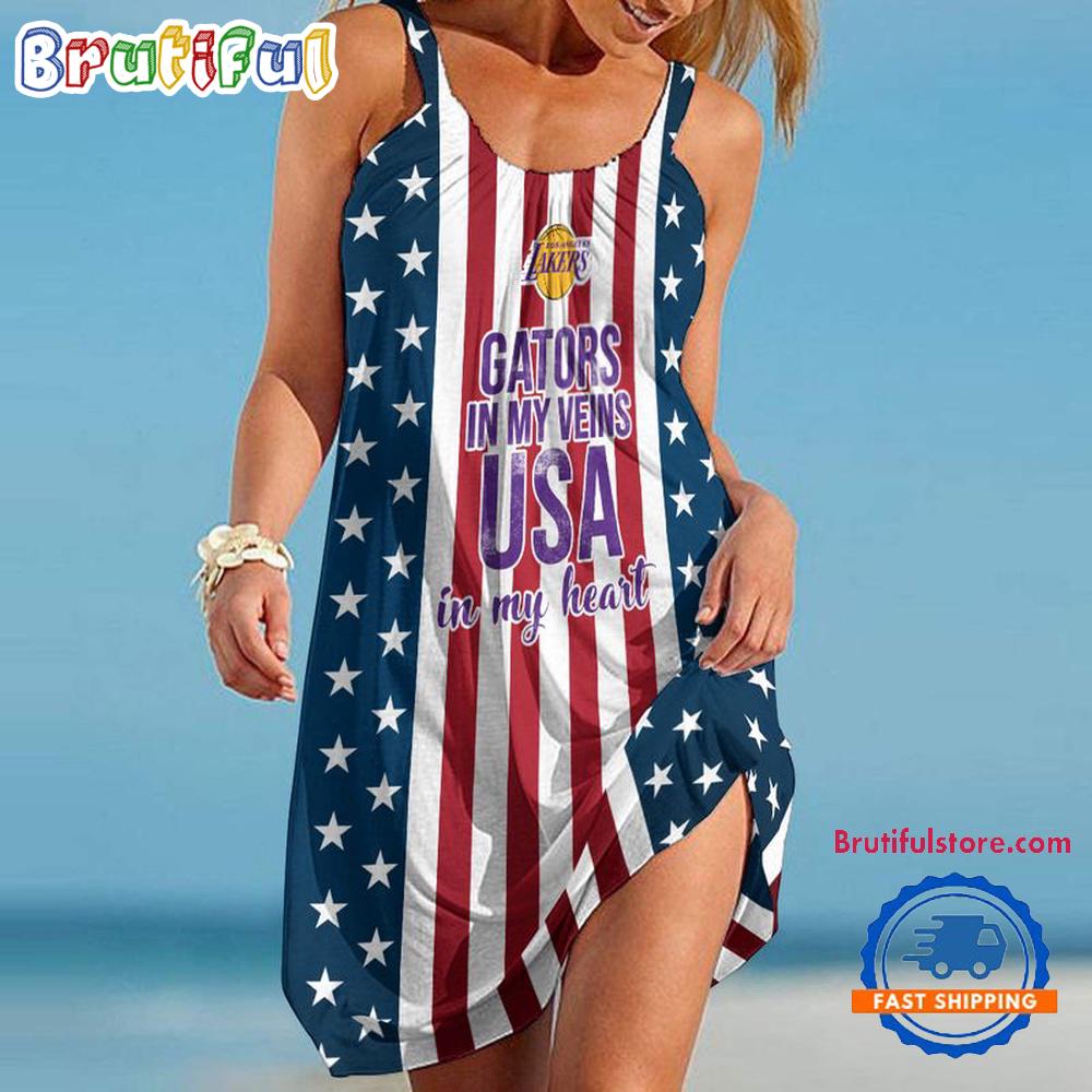 Sportswearmerch Los Angeles Lakers NBA Independence Day Women's Summer Beach Dress For Fan