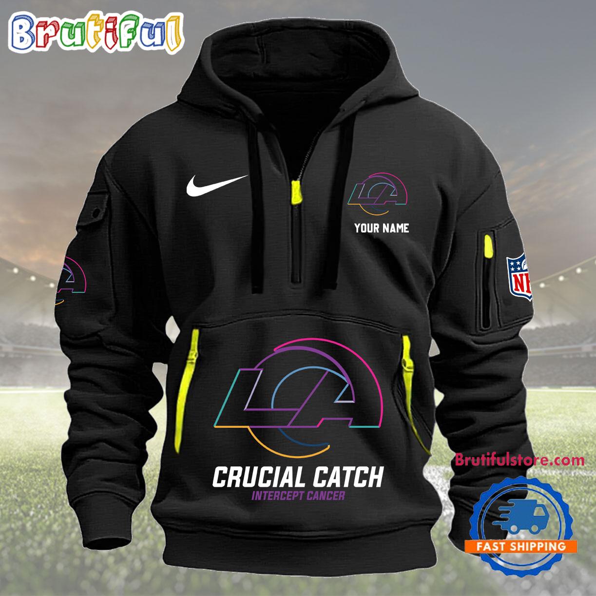 Sportswearmerch Los Angeles Rams NFL 2024 Crucial Catch Half Zip Hoodie For Fan