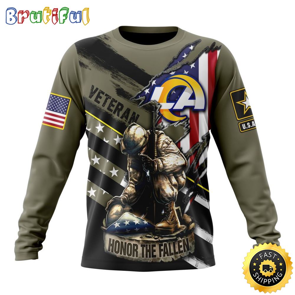 Sportswearmerch Los Angeles Rams NFL Crewneck Honor Veterans Kneeling Soldier Personalized Sweater For Fan