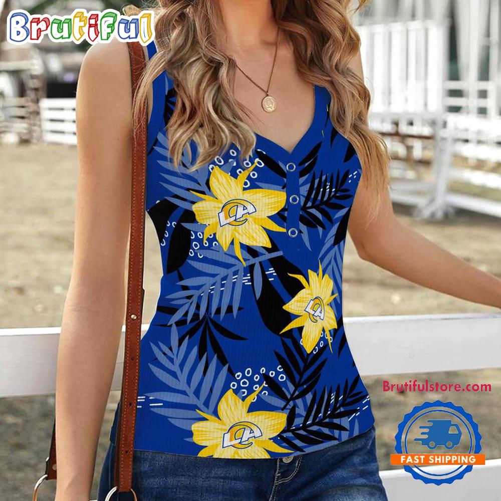 Sportswearmerch Los Angeles Rams NFL Hibiscus Pattern Women's V-Neck Ribbed Tank Top For Fan