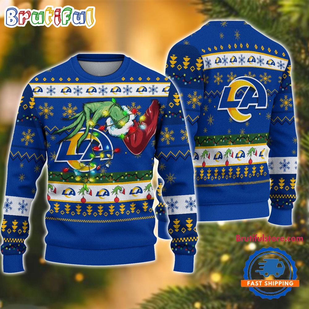 Sportswearmerch Los Angeles Rams NFL Special Grinch's Hand Football Christmas Sweater For Fan