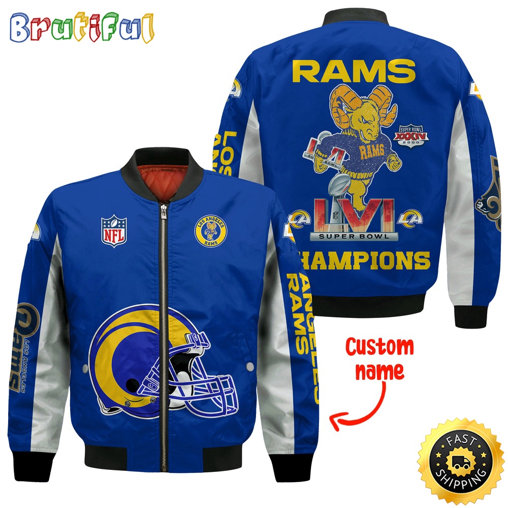 Sportswearmerch Los Angeles Rams NFL Vintage Mascot Super Bowl LVI Champions Personalized Bomber Jacket For Fan