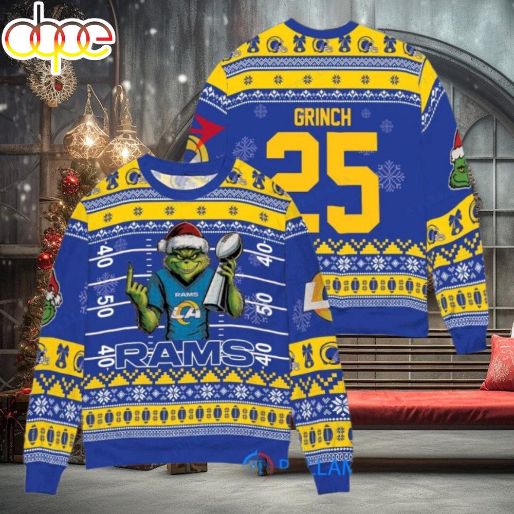 Sportswearmerch Los Angeles Rams NFL x Grinch Super Bowl Trophy Ugly Christmas Sweater For Fan