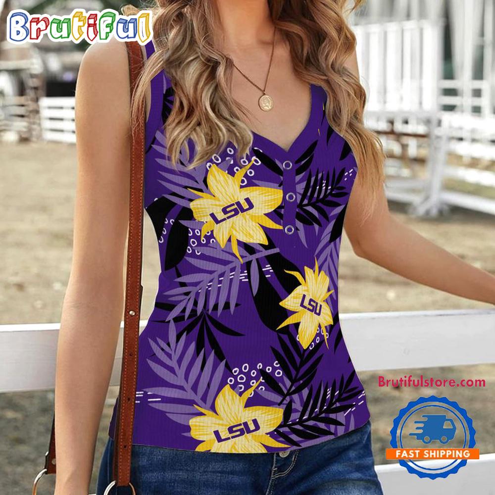 Sportswearmerch LSU Tigers NCAA Hibiscus Pattern Women's V-Neck Ribbed Tank Top For Fan