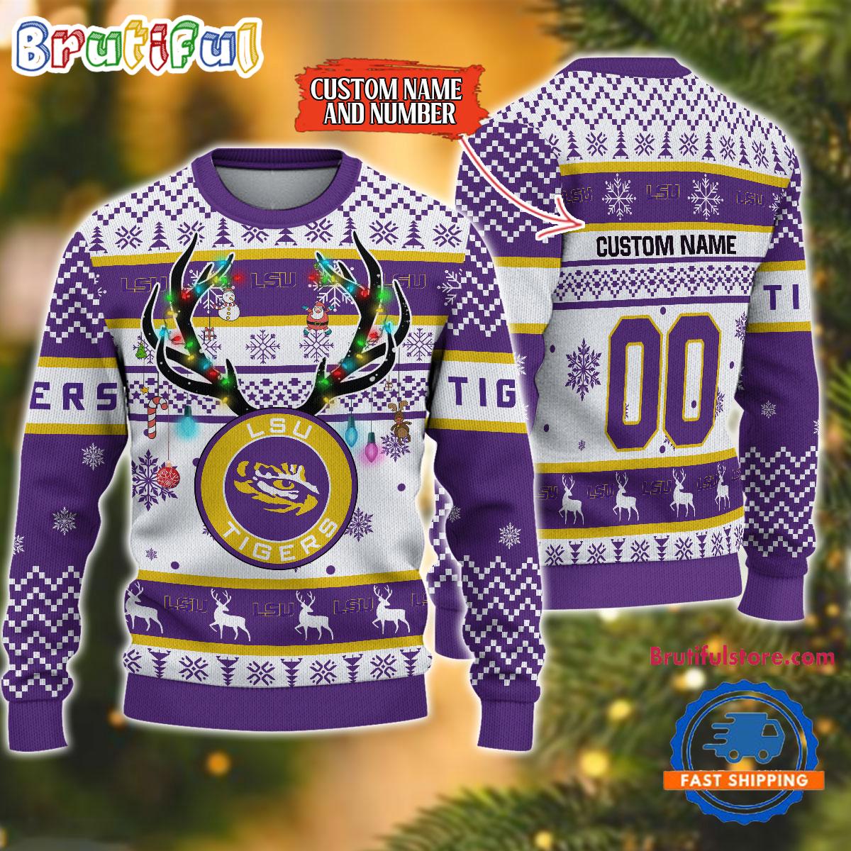 Sportswearmerch LSU Tigers NCAA Special Reindeer Light Personalized Christmas Sweater For Fan