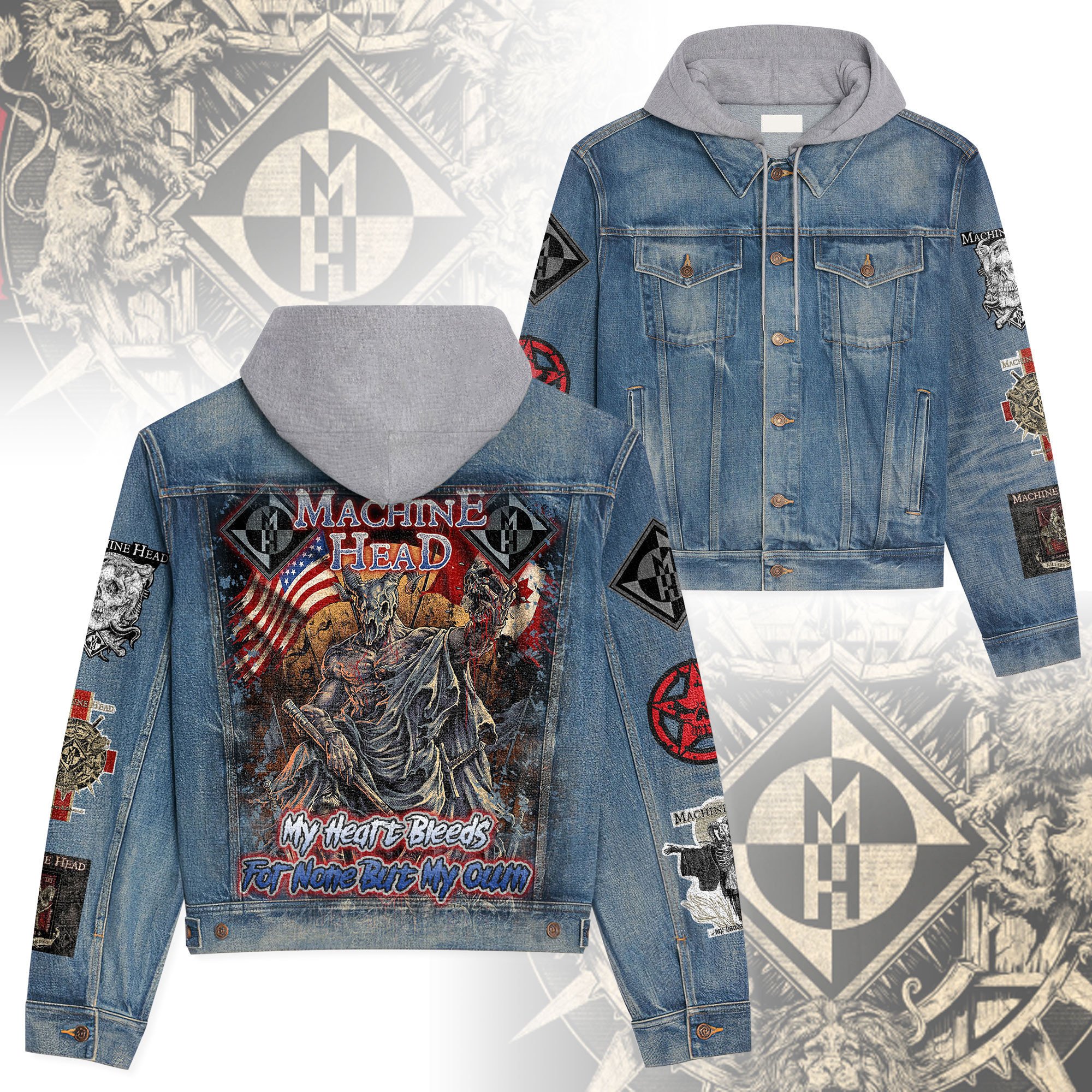 Sportswearmerch Machine Head Style Hooded Denim Jacket Gift For Fans
