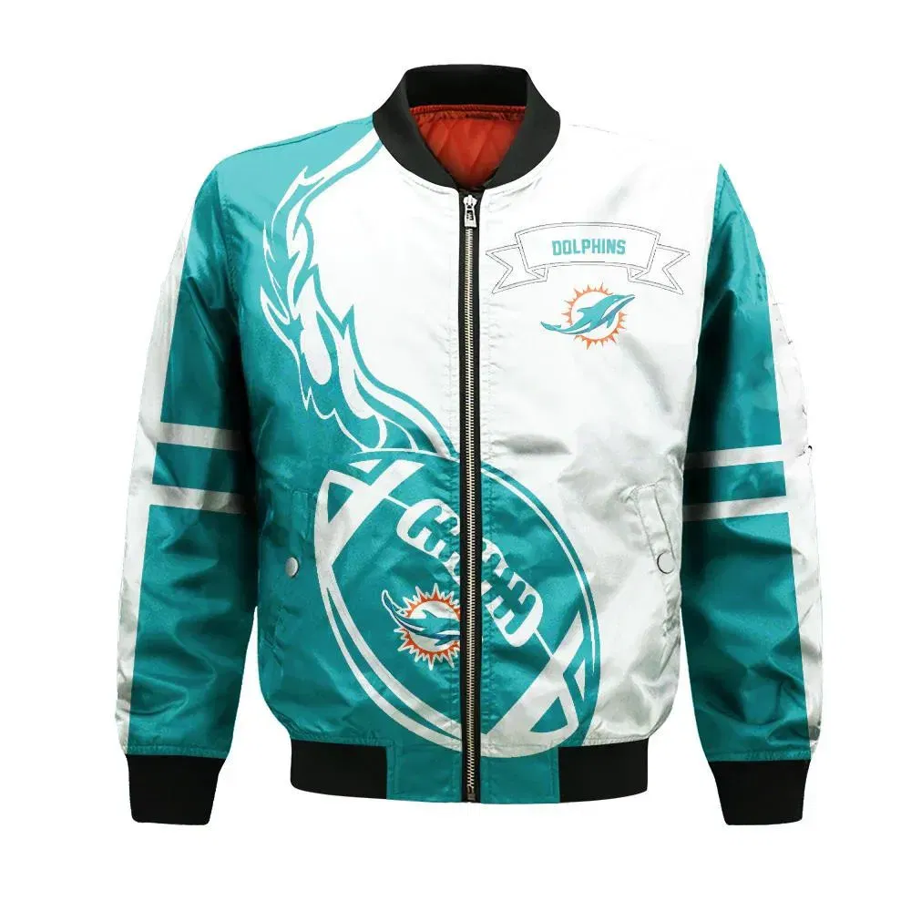 Sportswearmerch Miami Dolphins NFL Bomber Jacket Flame Ball Pattern For Fan