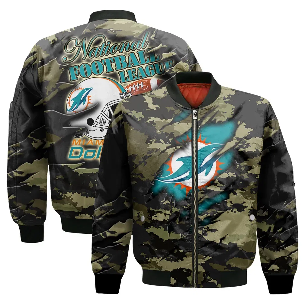 Sportswearmerch Miami Dolphins NFL Camo Pattern Unisex Bomber Jacket For Fan
