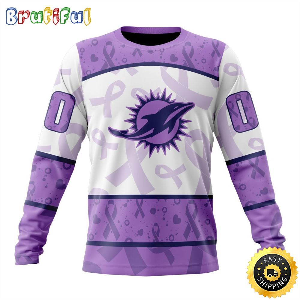 Sportswearmerch Miami Dolphins NFL Crewneck Lavender Fights Cancer Personalized Sweater For Fan