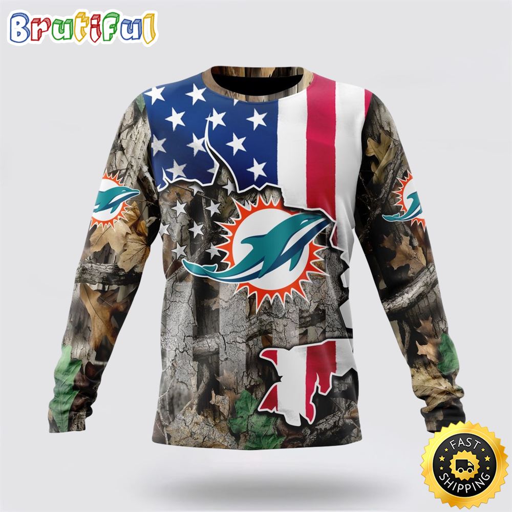 Sportswearmerch Miami Dolphins NFL Crewneck USA Flag Camo Realtree Hunting Personalized Sweater For Fan