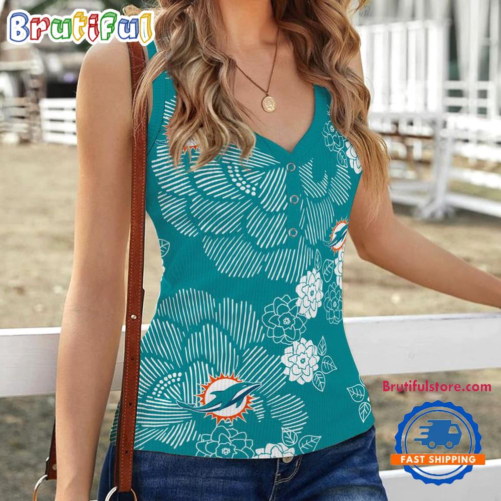 Sportswearmerch Miami Dolphins NFL Flower Pattern Women's V-Neck Ribbed Tank Top For Fan