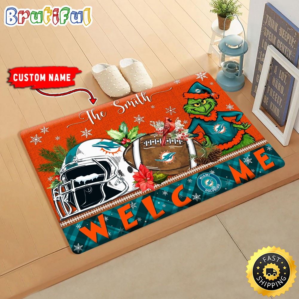 Sportswearmerch Miami Dolphins NFL Grinch Christmas Doormat For Fan